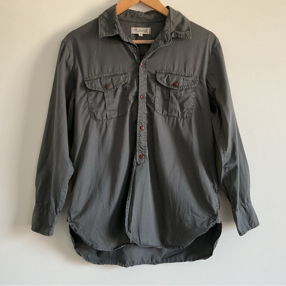 Women's MADEWELL Long Sleeve Utility Shirt Button Front Cotton Gray Size Small